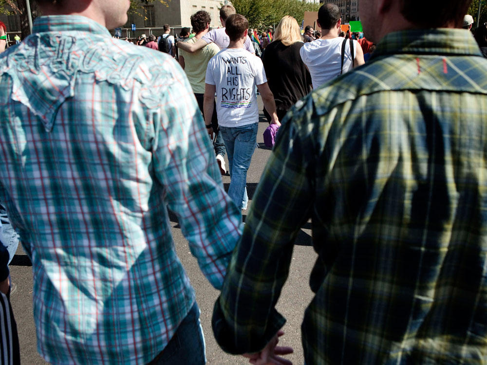 Marchers gathered in DC to push President Barack Obama's administration and the U.S. Congress to live up to promises to the lesbian, gay, bisexual and transgender community to advance civil rights.  (Photo by Brendan Smialowski/Getty Images)