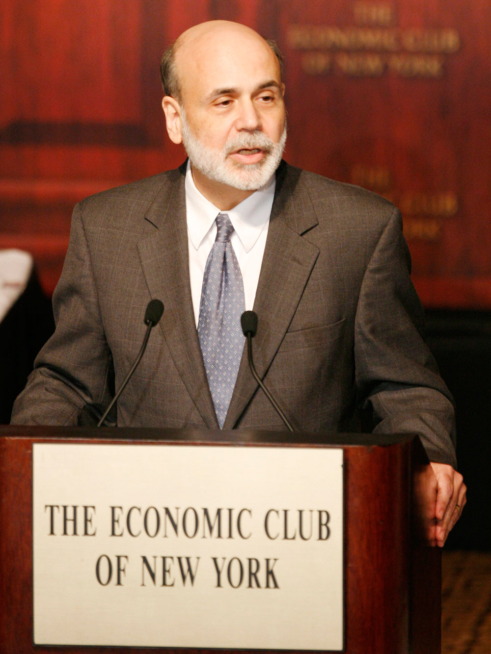 Ben Bernanke, chairman of the Federal Reserve Bank, speaks at a meeting of The Economic Club of New York, Monday, Nov. 16, 2009. (AP Photo/Mark Lennihan)