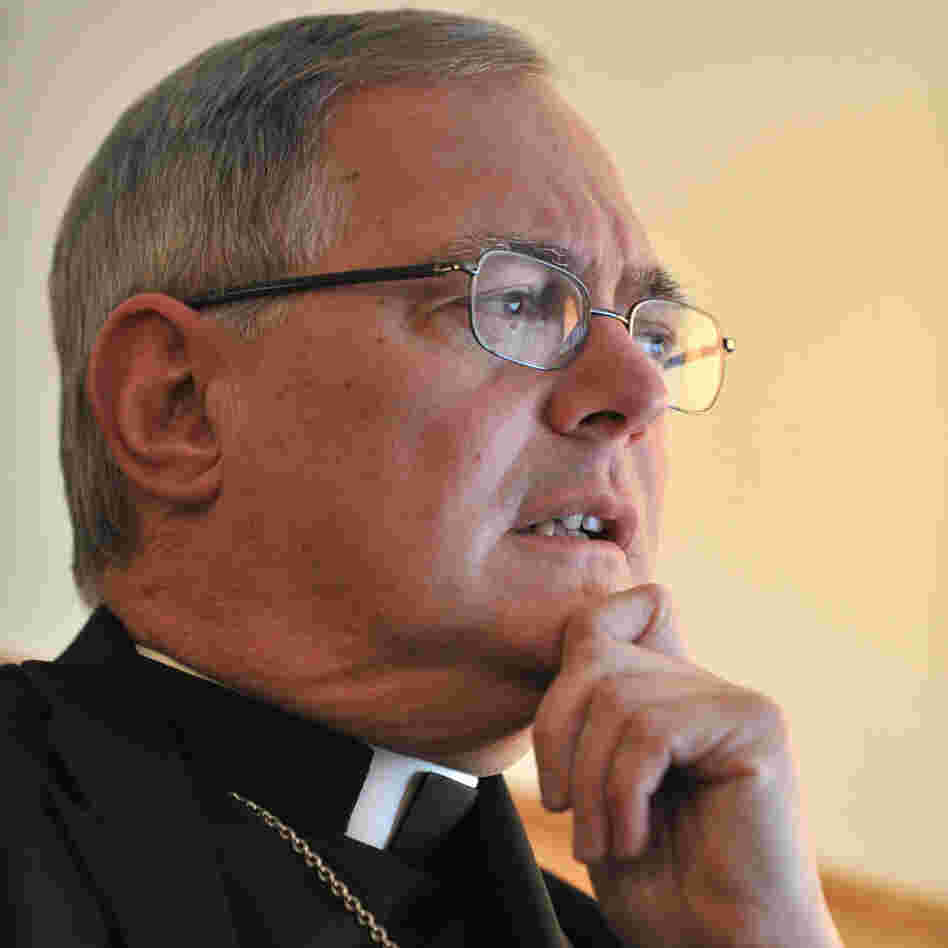 Roman Catholic Bishop Thomas Tobin speaks to a reporter in Riverside, R.I., Sunday, Nov. 22, 2009. (