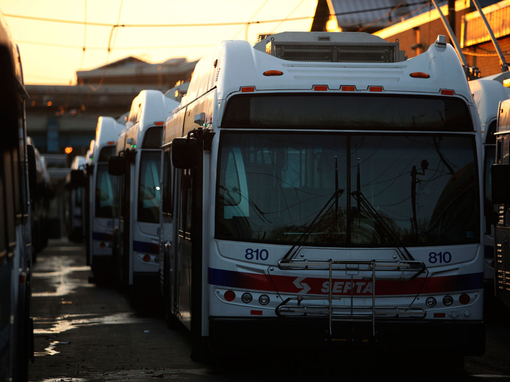 Rows of buses are seen at the Frankford Transportation Center in Philadelphia, Tuesday, Nov. 3, 2009. The Philadelphia transit system's largest union went on strike early Tuesday, bringing the city's bus, subway and trolley operations to a halt a day after the World Series shifted to New York. (AP Photo/Matt Rourke)