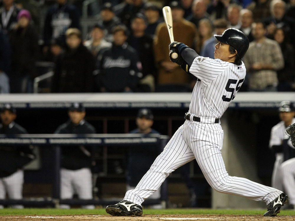  Hideki Matsui of the New York Yankees hits a 2-run home run in the bottom of the second inning against the Philadelphia Phillies in Game Six of the 2009 MLB World Series at Yankee Stadium on November 4, 2009 in the Bronx borough of New York City. Matsui, who hit three home runs in the six games, was the Series MVP. (Photo by Nick Laham/Getty Images) 