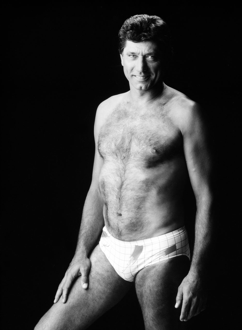 Joe Namath shows off a sample of his new line of men's underwear, the Joe Namath signature Collection, Nov. 13, 1984. (AP Photo)