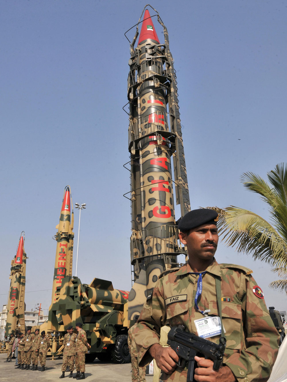 Pakistani Army soldiers guard nuclear-capable missiles at the International Defense Exhibition in Karachi on November 27, 2008. (Rizwan Tabassum/AFP/Getty Images) 