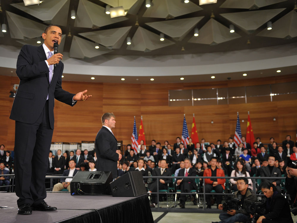 President Barack Obama answers questions during a town hall meeting with future Chinese leaders at the Museum of Science and Technology in Shanghai on November 16, 2009. (Mandel Ngan/AFP/Getty Images) .