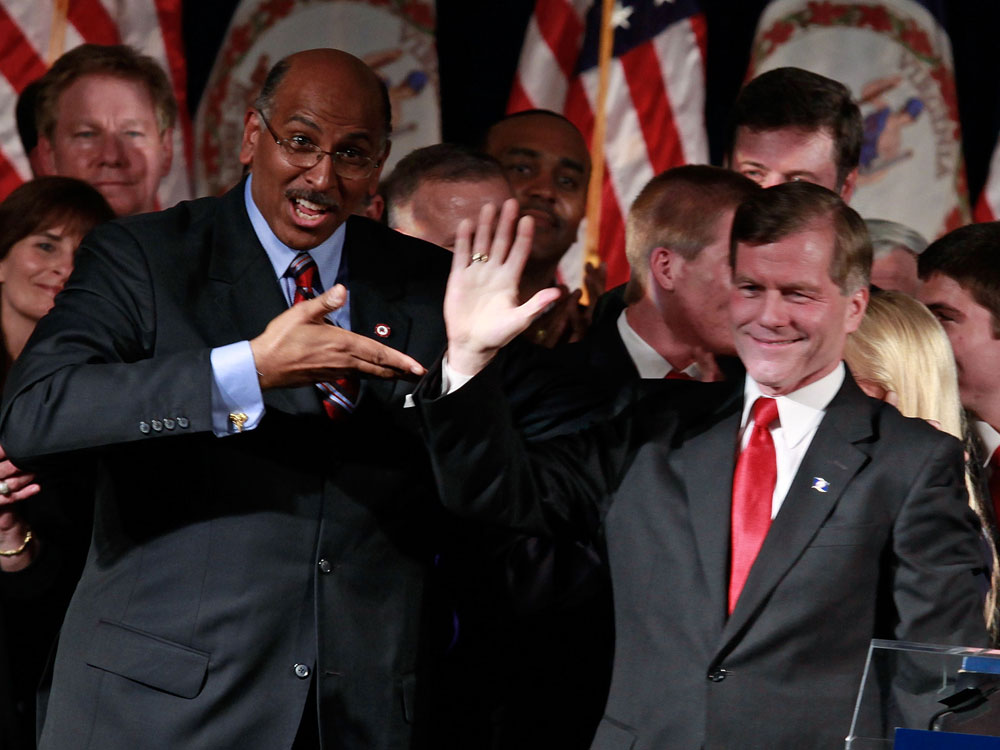 Republican National Committee Chairman Michael Steele (L) stands with Republican Governor-elect Bob McDonnell of Virginia at his victory party on November 3, 2009 in Richmond, Virginia. McDonnell beat out Democratic challenger Creigh Deeds in Virginia's gubernatorial race today. (Photo by Mark Wilson/Getty Images)