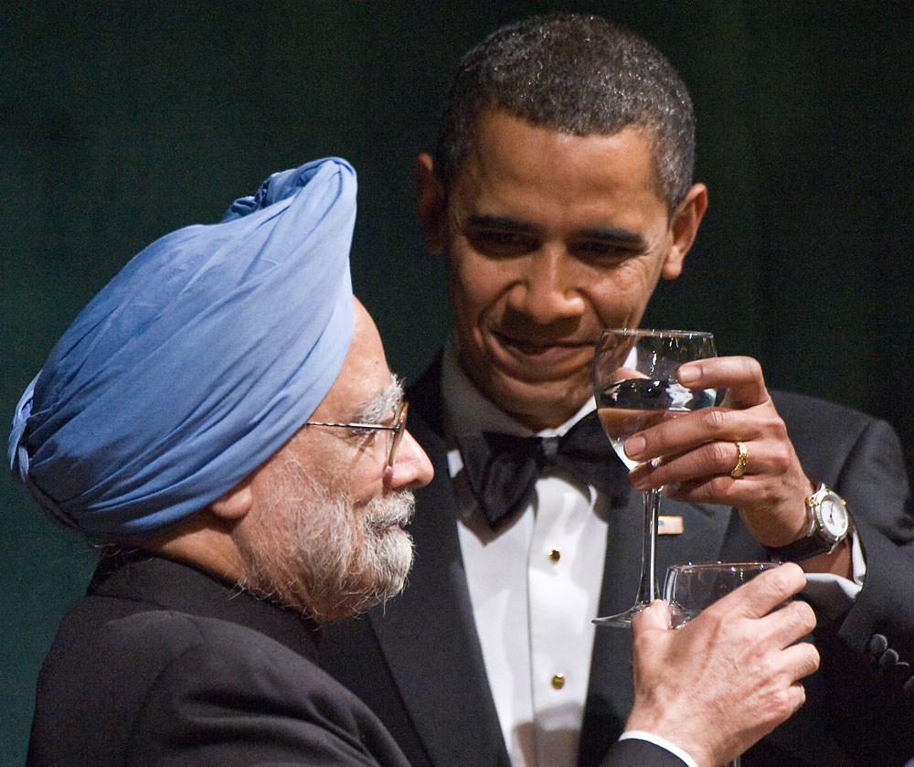 President Barack Obama and his Indian counterpart Manmohan Singh give toasts during the first official State Dinner of Obama's administration at the White House in Washington on November 24, 2009.(Nicholas Kamm/AFP/Getty Images)