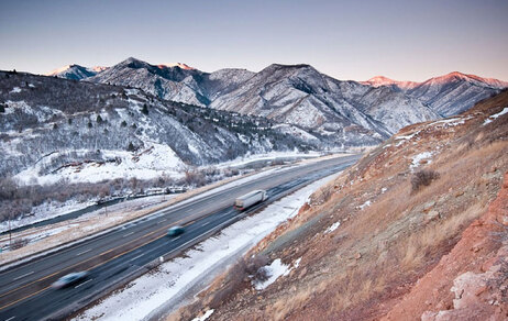 U.S. Highway 6 between Spanish Fork and Price, Utah, has been called one of America's most dangerous roads owing to a mix of heavy trucks, recreational vehicles and passenger cars traveling at freeway speeds through narrow canyons. This wider, four-lane stretch approaches the Wasatch Mountains at the western end of 120 miles of risky roadway. (Mike Tittel for NPR.)