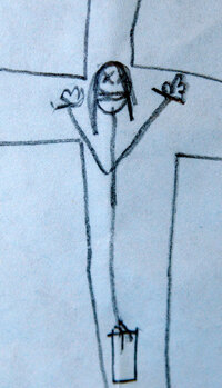This detail of a drawing, released by Chester Johnson, of Taunton, shows the sketch of Jesus on the cross that he says was created by his son. (AP Photo/Charles Krupa)