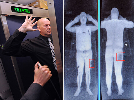 A combination of images shows an airport staff member (L) demonstrating a full body scan at Manchester Airport in Manchester, north-west England, and a computer screen showing the results of a full body scan (R) on October 13, 2009. (Photo by Paul Ellis/AFP/Getty Images)