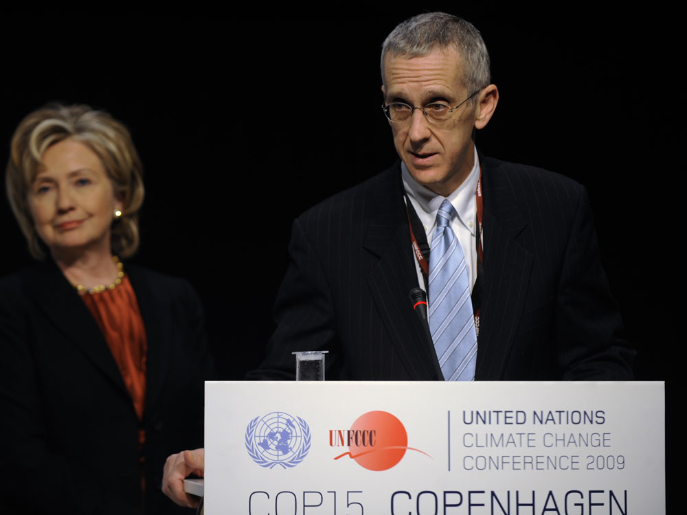 U.S. Climate Envoy Todd Stern (R) and U.S. Secretary of State Hillary Clinton (L) give a press conference at the Bella Center in Copenhagen on December 17, 2009 on the 11th day of the COP15 UN Climate Change Conference. (Photo by Olivier Morin/AFP/Getty Images) 