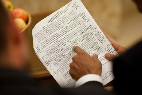 White House photographer Pete Souza's took a revealing photo over President Barack Obama's shoulder as he edited the health care speech he gave to a joint session of Congress last September.