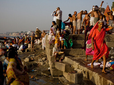 Morning bathers at the edge of the Ganges River in Varanasi, India. (Kainaz Amaria for NPR)