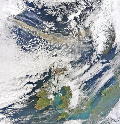 This image made available by NEODASS/University of Dundee shows the volcanic ash plume from Iceland, top left, to the north of Britain at received by NASA's Terra Satellite at 11.39 GMT Thursday April 15, 2010. Ash from Iceland's spewing volcano halted air traffic across a wide swathe of Europe on Thursday, grounding planes on a scale not seen since the 9/11 terror attacks. Thousands of flights were canceled, tens of thousands of passengers were stranded and officials said it was not clear when it would be safe enough to fly again. (AP Photo/NEODAAS/University of Dundee)
