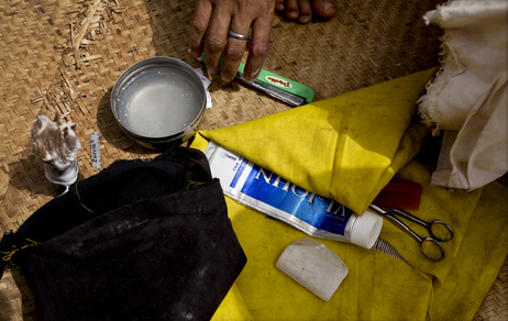 Barber Mahendra Singh's equipment. On the banks of the Ganges River in Varanasi, India. April 2010. (Kainaz Amaria for NPR)
