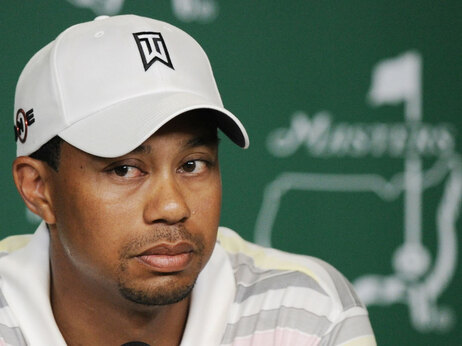 Tiger Woods speaks during his press conference at the Masters golf tournament in Augusta, Ga., Monday, April 5, 2010. The tournament begins Thursday, April, 8. (AP Photo/Harry How, Pool)