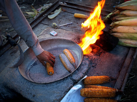 On the Grand Trunk Road west of Islamabad. Sher Zaman, 18 has been selling corn on the Grand Trunk Road since he was 12. He works 12 hours a day over a make-shift stove that sizzles with the salt in which he cooks the corn. (Photo by John Poole/NPR)