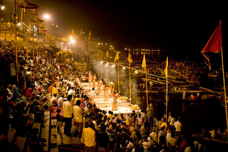 Crowds of worshipers gather at the Dashashwamedh Ghat for an evening pooja ceremony in Varanasi, India. (Kainaz Amaria for NPR)