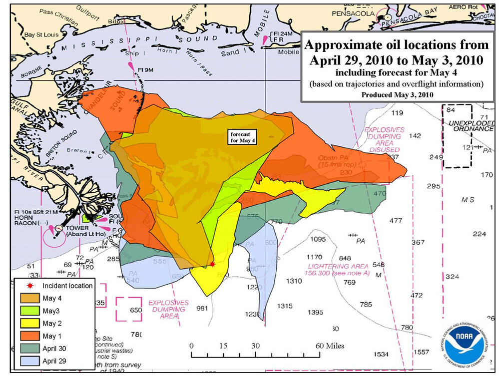 National Oceanic and Atmospheric Administration's latest graphic about the slick's spread. (noaa.gov