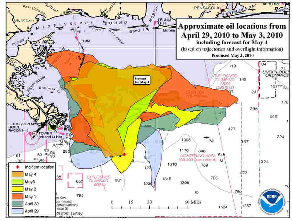 National Oceanic and Atmospheric Administration's latest graphic about the slick's spread. (noaa.gov
