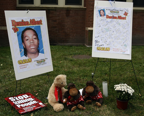 Posters serve as a memorial to 16-year-old Derrion Albert, who was beaten to death outside Fenger High School in Chicago on  Sept. 24, 2009.
