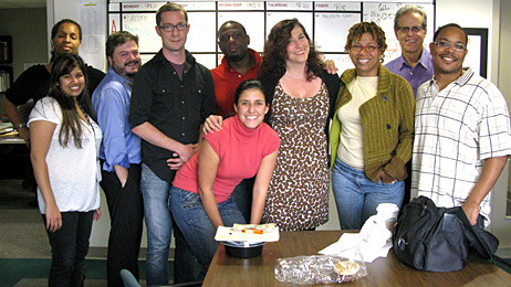 Mandalit del Barco poses with members of the NPR/Tell Me More staff. Pictured (left to right): Arwa Gunja, Teshima Walker, Luis Clemens, Douglas Hopper, Monika Evstatieva, Lee Hill, Mandalit del Barco, Michel Martin, Peter Breslow and Brakkton Booker.

