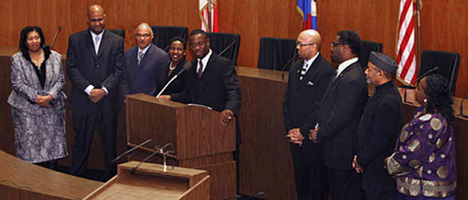 New Detroit City Council member Andre Spivey (center at podium) addresses the media, on Monday. New Detroit City Council member Andre Spivey (center at podium) addresses the media, on Monday.