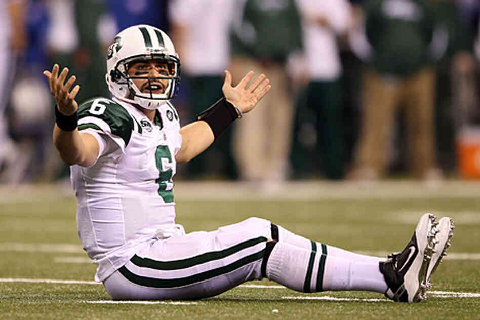 New York Jets Quarterback Mark Sanchez reacts Sunday during the AFC Championship football game again New York Jets Quarterback Mark Sanchez reacts Sunday during the AFC Championship football game again