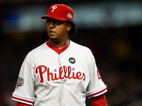 Starting pitcher Pedro Martinez #45 of the Philadelphia Phillies looks on against the New York Yankees in Game Two of the 2009 MLB World Series against at Yankee Stadium in New York.