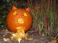 Pumpkin carved to look like pig with swine flu. Pumpkin carved to look like pig with swine flu.
