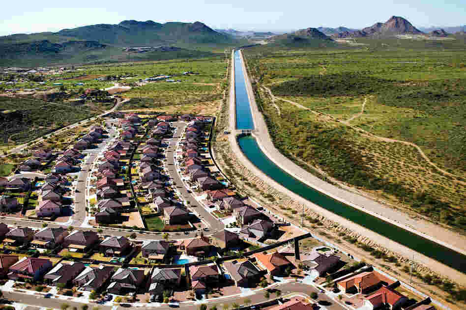 The Granite Reef Aqueduct, a man-made canal that has the carrying capacity of 1,800 cubic feet per second, diverts water from the Colorado River at Lake Havasu to central and southern Arizona. This aqueduct is part of the $4 million Central Arizona Project, designed to bring water into arid municipalities including Phoenix and Tucson, and irrigates farmland in central Arizona.