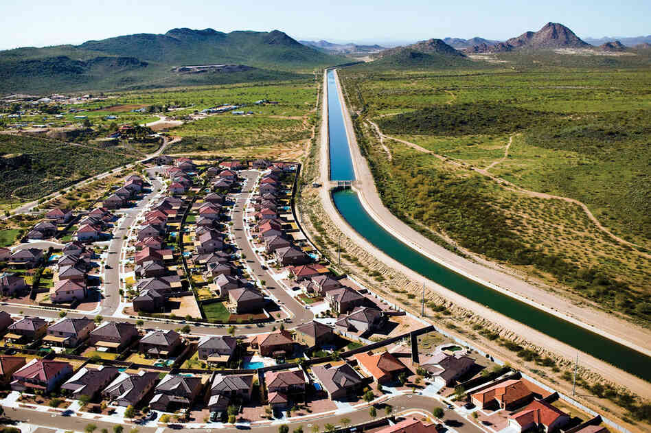 The Granite Reef Aqueduct, a man-made canal that has the carrying capacity of 1,800 cubic feet per second, diverts water from the Colorado River at Lake Havasu to central and southern Arizona. This aqueduct is part of the $4 million Central Arizona Project, designed to bring water into arid municipalities including Phoenix and Tucson, and irrigates farmland in central Arizona.