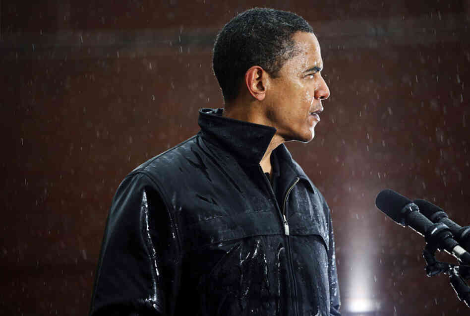 Sen. Barack Obama, drenched, during a rally at Widener University in Chester, Pa.