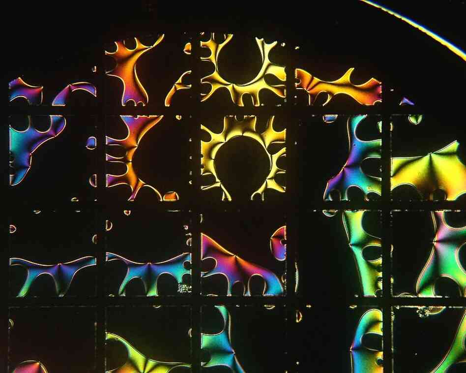Liquid Crystals: The same material used in computer and television displays can be potentially useful in medical diagnostics. In this image, brightly colored areas correspond to areas in the chemical system where an enzyme has interacted with a lipid. 