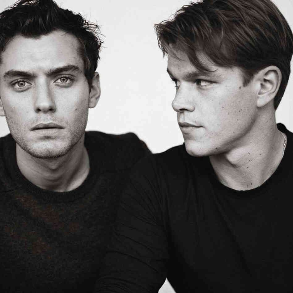 This portrait of Jude Law and Matt Damon was taken for the cover of The New York Times Magazine.  Jude Law, Matt Damon, New York, 1999