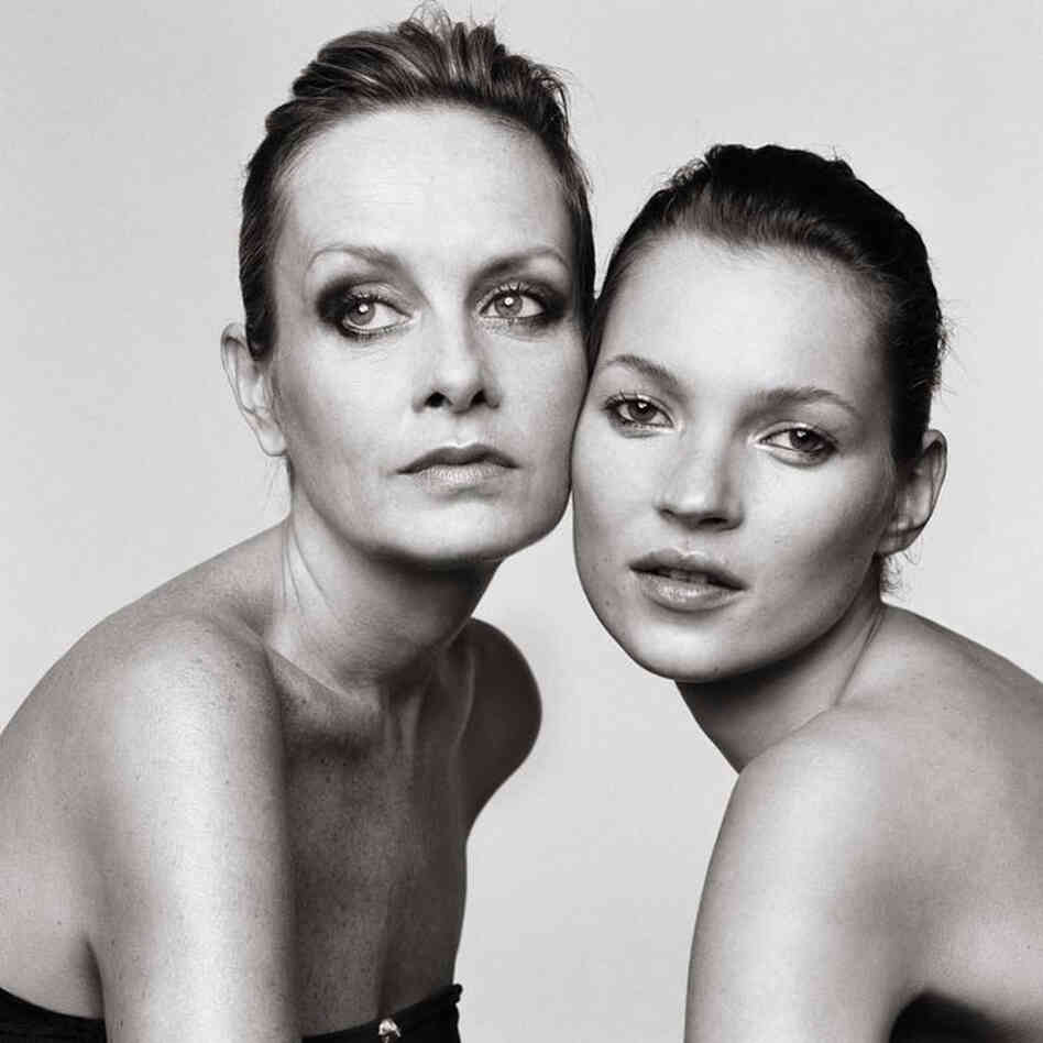 "I think Twiggy and Kate were happy to see each other and to be photographed like this. ... I kept this very, very bare. It's the simplest you can do: no clothes, very little makeup, a little hair. ...That's what's interesting to me: not the artifice; the opposite of that." Twiggy, Kate Moss, London, 1999