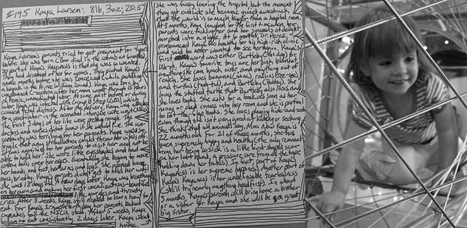 Kaya Larsen, No. 195: An excerpt: "Kaya Larsen's parents tried to get pregnant for 4 years before she was born (Boo died in the womb at 6 months), so part of Kaya's Kayaness is that she was so wanted. They had dreamed of her for years. They picked Kaya's name months before she was conceived (while paddling a kayak in the Prince William Sound)." 