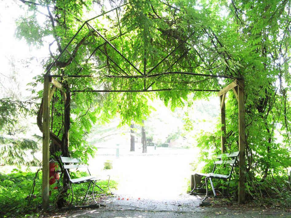 Here monks live and work in accordance with Benedictine tradition.  In the monastery's outdoor garden, an arbor shines in mid-afternoon sunlight.