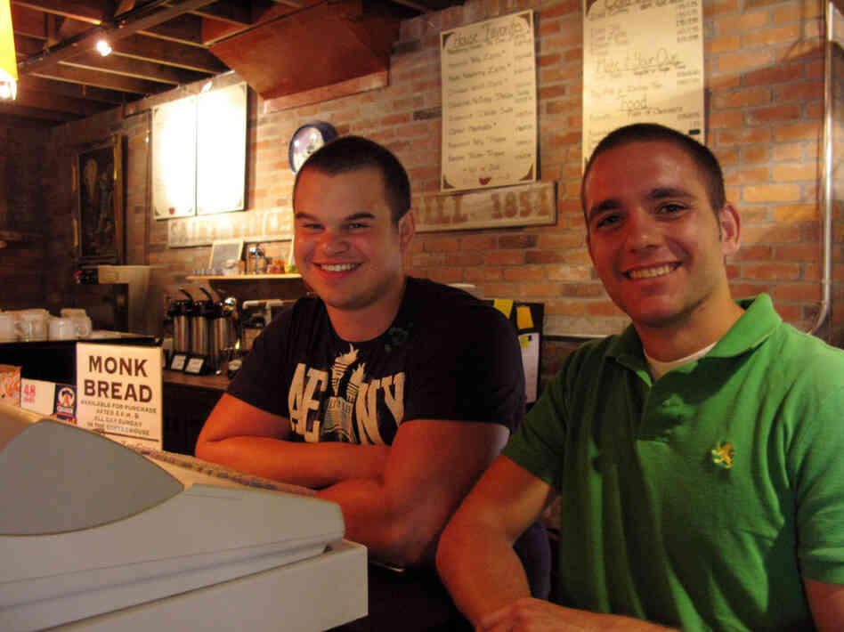 Ryan Hrobak and Ed Moss work in the Coffeehouse.  Both are juniors at Saint Vincent College.