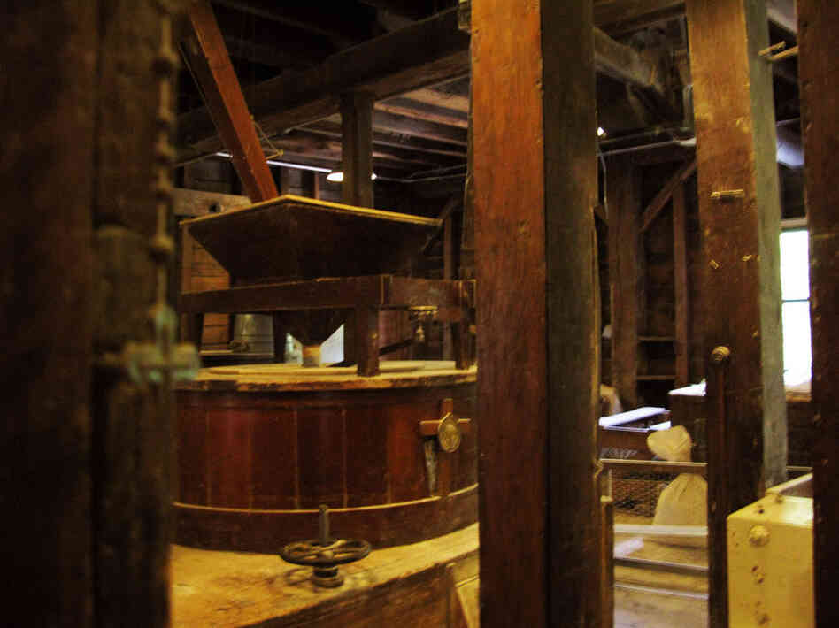 A rosary hangs on wooden beam in the Saint Vincent Gristmill.  The beams were harvested from plentiful Chestnut forests in the area for the mill's construction in 1854.