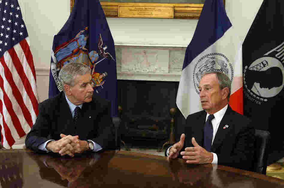 Italy's ambassador to the U.S., Giovanni Castellaneta, left, and New York Mayor Michael Bloomberg discuss Saturday's mid-air collision. Among the dead were five Italian tourists aboard the sight-seeing helicopter. 