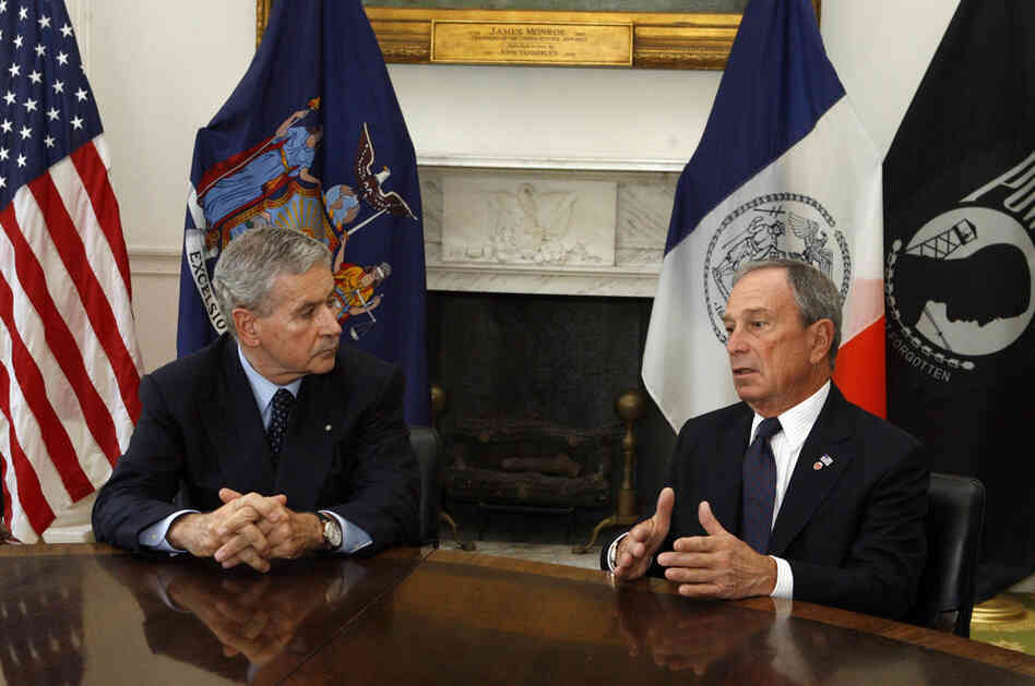Italy's ambassador to the U.S., Giovanni Castellaneta, left, and New York Mayor Michael Bloomberg discuss Saturday's mid-air collision. Among the dead were five Italian tourists aboard the sight-seeing helicopter. 