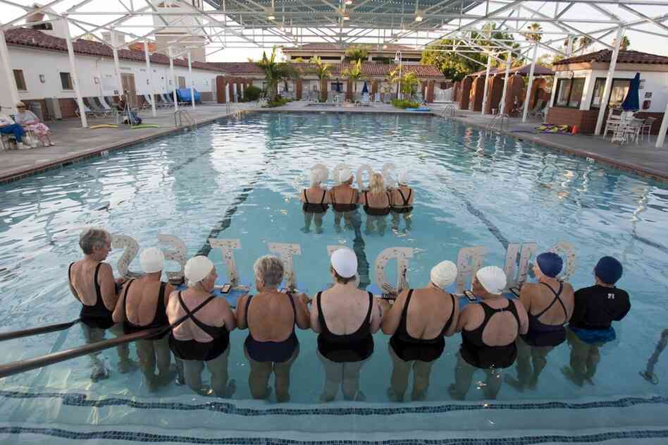 Bouer, 73, is one of the younger members of the Aquadettes, a synchronized swimming group, which practices at  the Laguna Woods Village clubhouse pool.