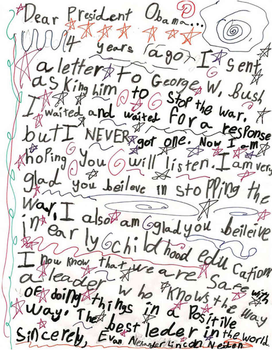 While some letters congratulate Obama on his win, many also touch on issues such as the economy, the environment and the war in Iraq.  Evan Alexander Lincoln Neiden, 9, New York