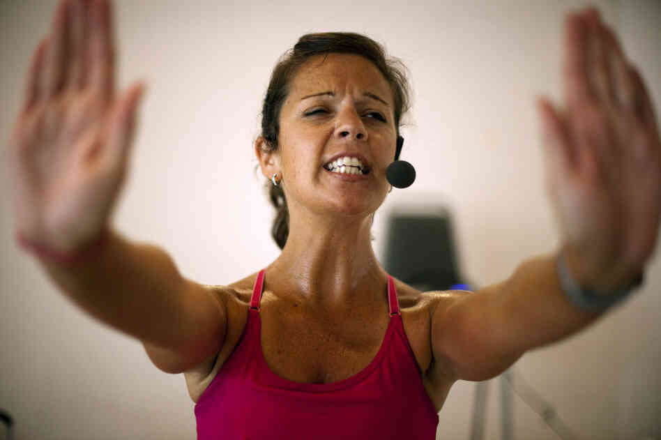 Kristine Oleson leads the hour-long class, which incorporates skipping, jumping and running in place.