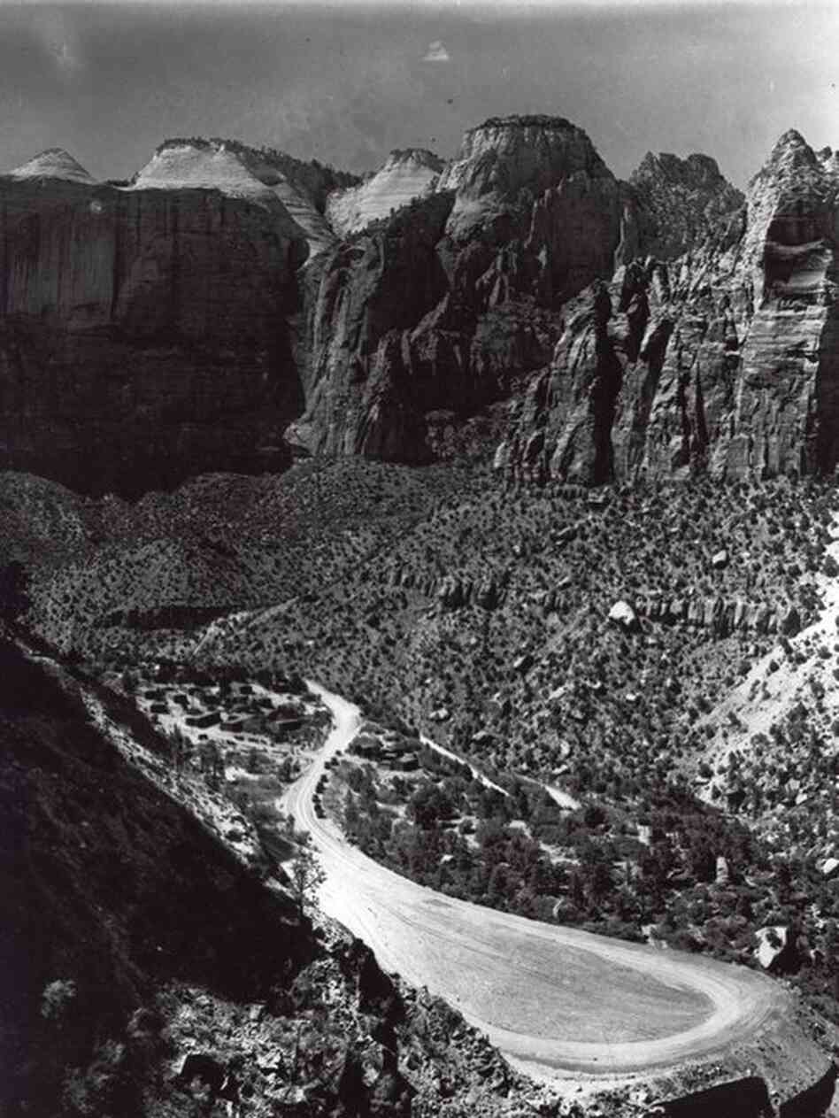 The road leading up from the canyon floor to Zion Tunnel's west entrance was a major engineering feat itself. Credit: O.M. Uhl