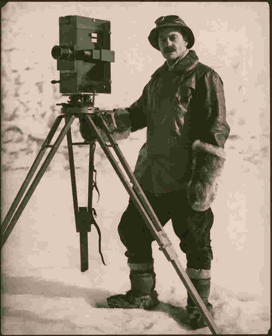 Self Portrait, Antarctica, 1911-1912. Herbert Ponting, considered the father of polar photography, poses by a movie camera and tripod. He spent 14 months on Antarctica's Cape Evan with Capt. Robert Falcon Scott's exploration team. 