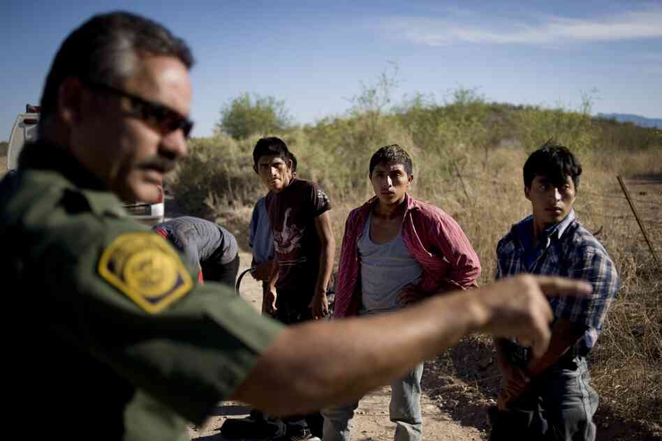 A Border Patrol agent lines up a group of immigrants caught while passing through the desert along highways 286 and 86 in Tucson, Ariz.., on June 10. When migrants are found by the Border Patrol they are returned to the border, where many will attempt the five-day hike to get into the United States several times.