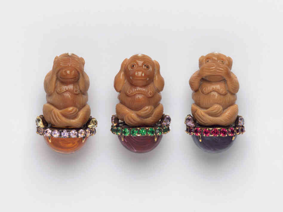 Hear No Evil, Speak No Evil, See No Evil, Iradj Moini (USA), 2000 - Albright first wore this pin in Moscow, for a meeting with then-President Vladimir Putin.  The message was about Chechnya, where she felt the Russians were ignoring the human rights violations they had committed.
