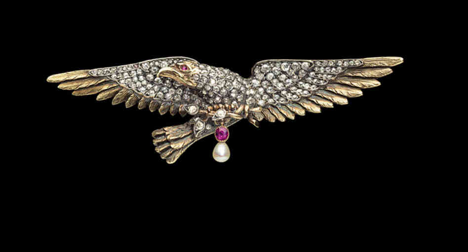 Secretary of State Diamond Eagle, Designer Unknown (France), c. 1890 - This pin almost caused some embarrassment for Albright.  She wore it to her swearing-in ceremony as secretary of state.  Because it had a complicated clasp, she failed to fasten it properly and, during the ceremony, she looked down to see it dangling from her shoulder.  Said Albright, "I was afraid it would fall on th...