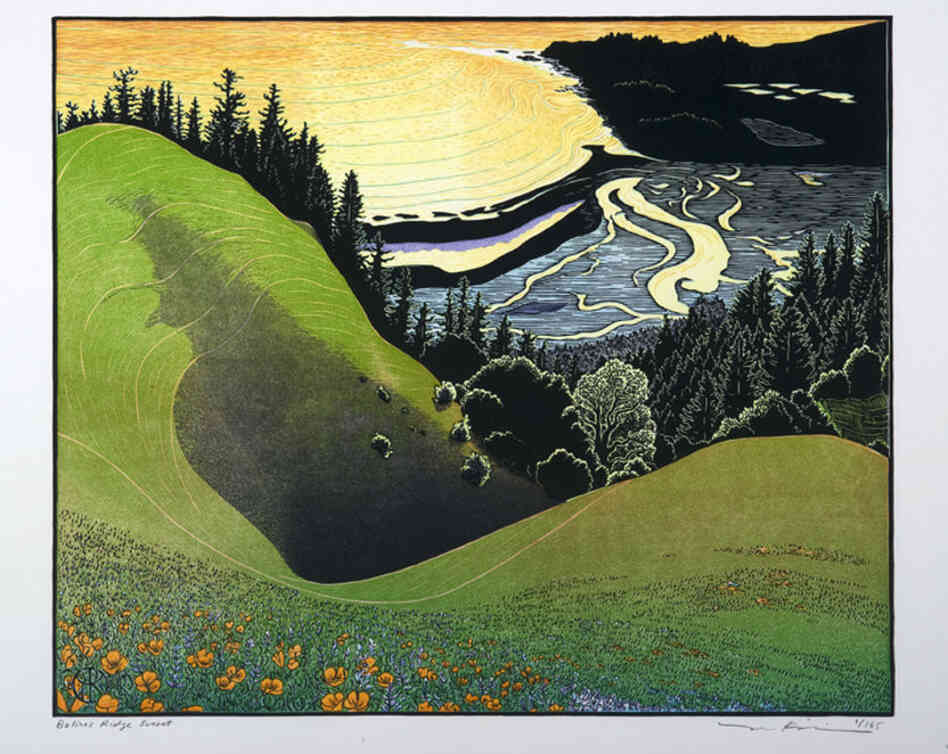 Printmaker and book artist Tom Killion's work is inspired in part by traditional Japanese woodblock printing. Bolinas Ridge, 2009 